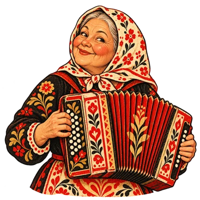 Бабушка играет на гармошке
